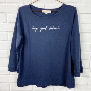 LOFT Dark Blue Scoop Neck 3/4 Sleeve Embroidered Sweatshirt Women L